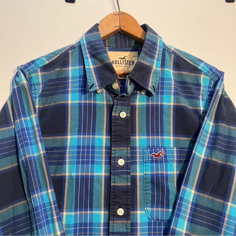 Hollister Shirt Adult XL Blue Green Plaid Flannel Button Up Preppy Mens